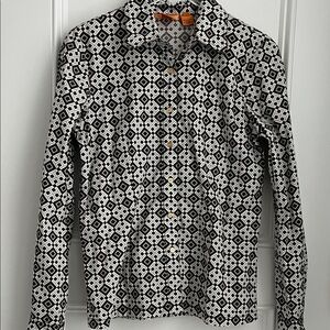 Tory Burch Brown, Pale Blue, and White T Logo Print Cotton Shirt